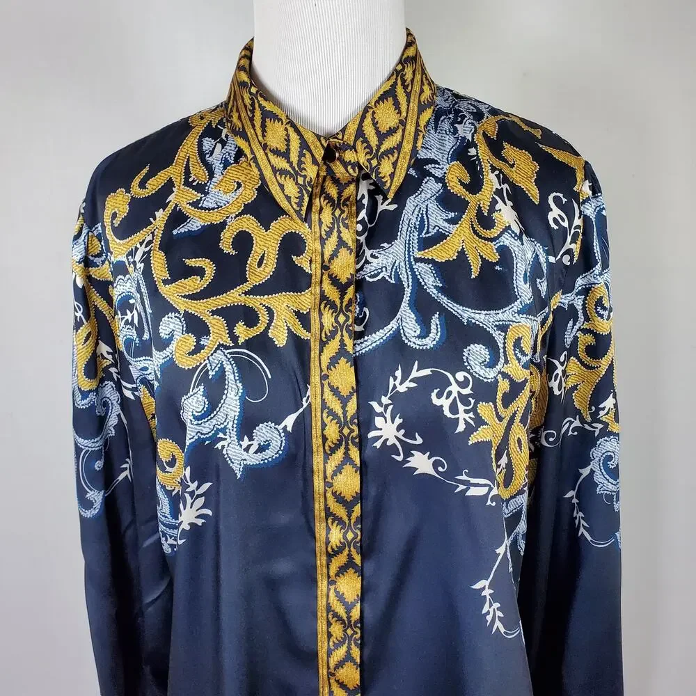 Chico’s Sz 1 Ruched Cuff Placed Print Tunic Top Button Down Chicos Sz M / 8 - Picture 2 of 16